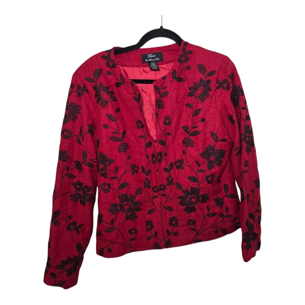 Trenz Red Black Floral Embroidered Silk Blend Open Front Evening Jacket Women's